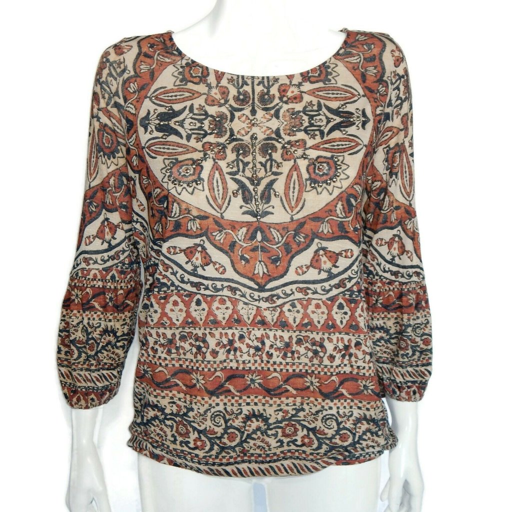 Lucky Brand Swedish Floral Fair Isle Beaded Boho Tunic Top Brown Small  540